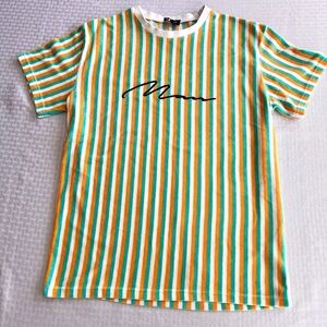 boohooMAN Velour Striped T Shirt Mens Medium Green Orange Retro